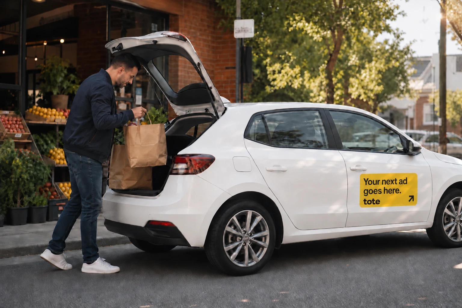 A driver loading groceries into a white car carrying a Tote campaign ad on the front door