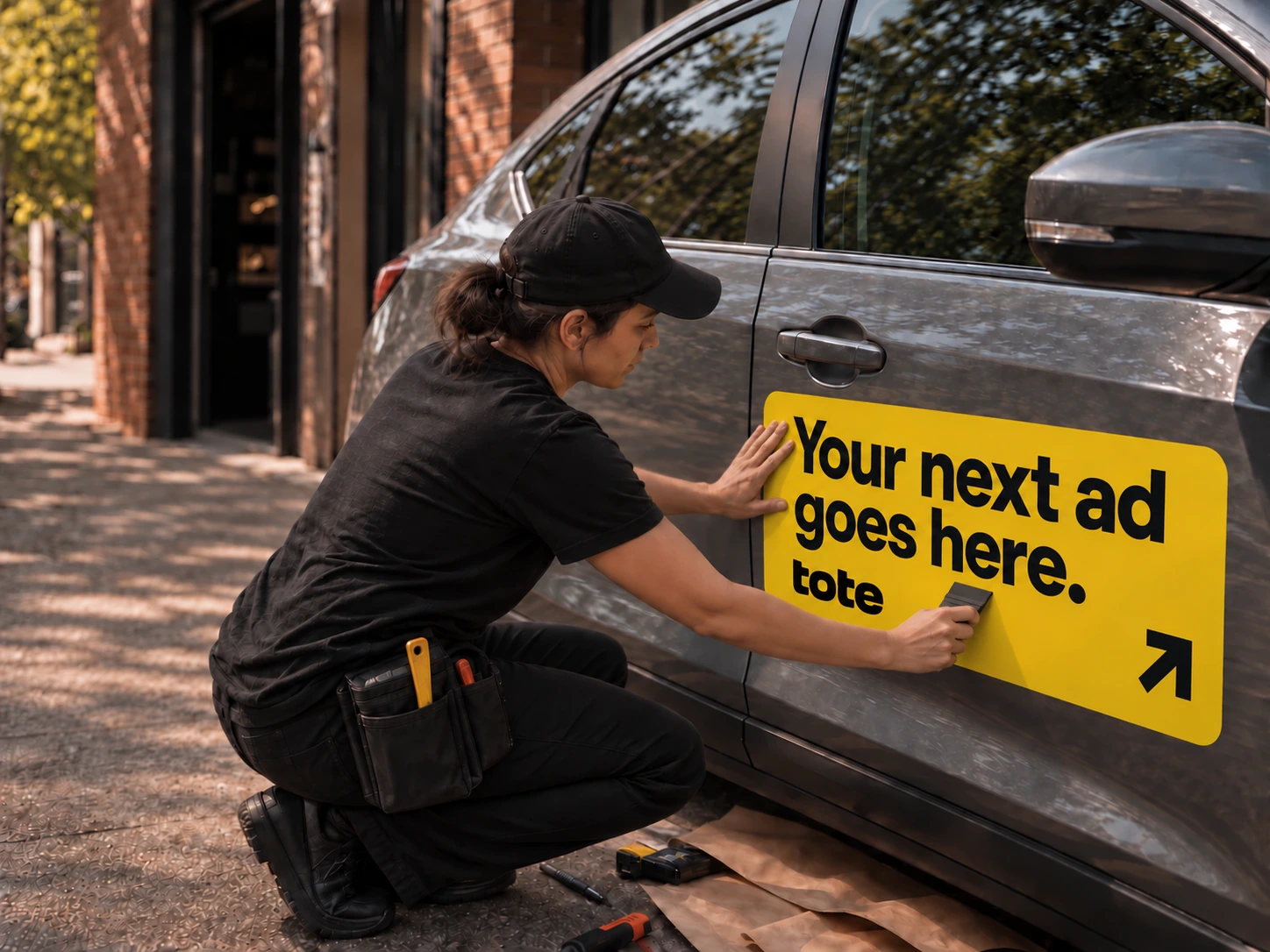 A woman installer smoothing a wide, rounded Tote campaign sticker below the front-door handle