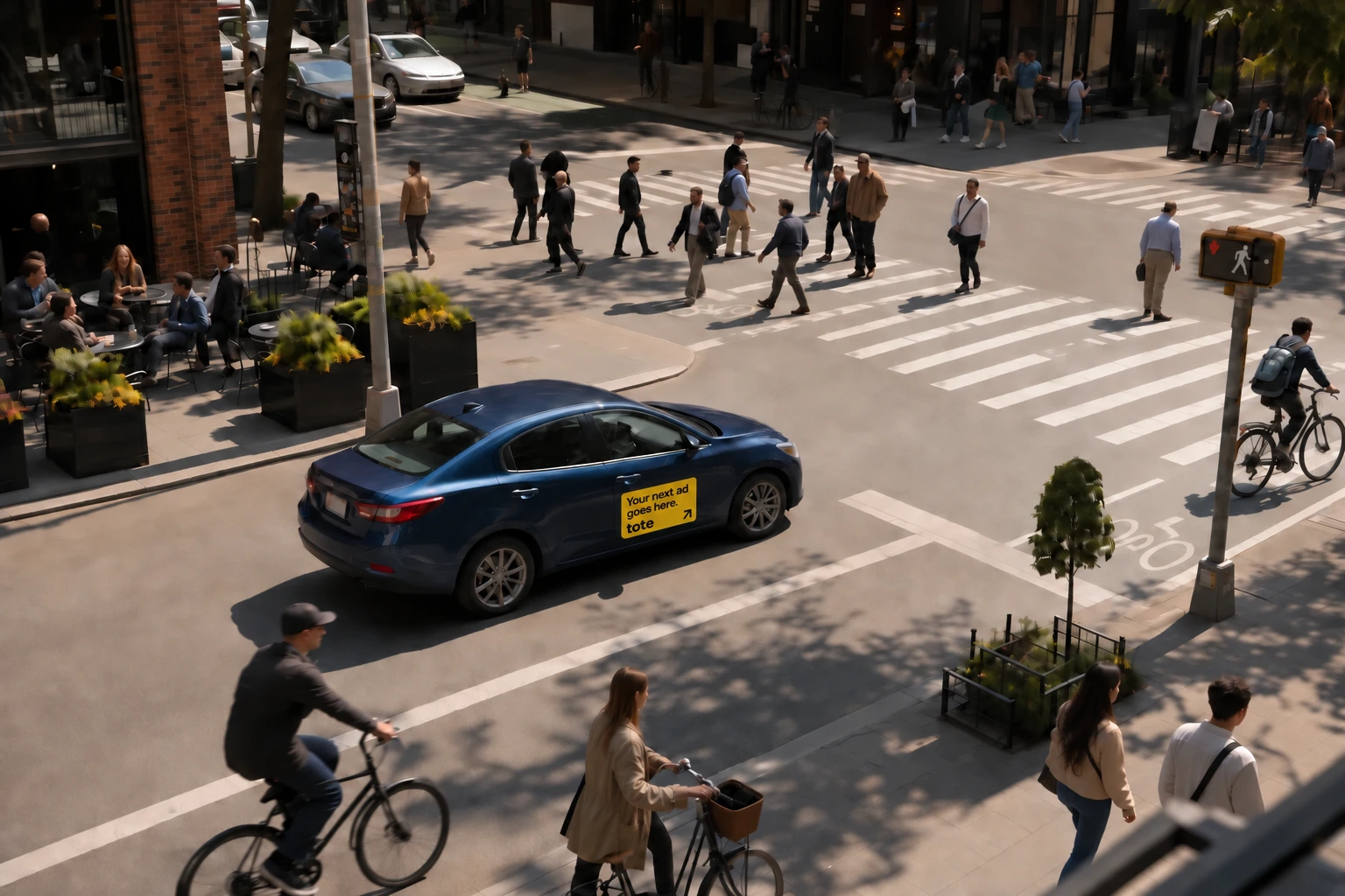 A Tote campaign ad on an everyday car passing through a neighborhood intersection